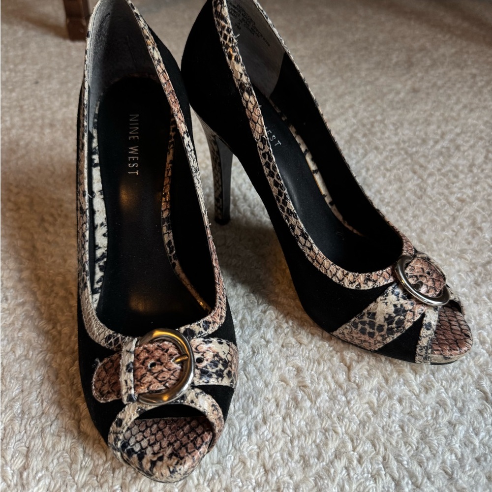 Nine West Black and Snake Print Heels